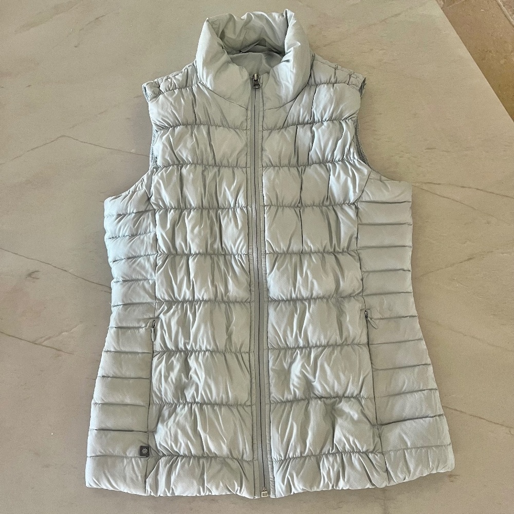 Athleta light grey / blue goose down small vest.